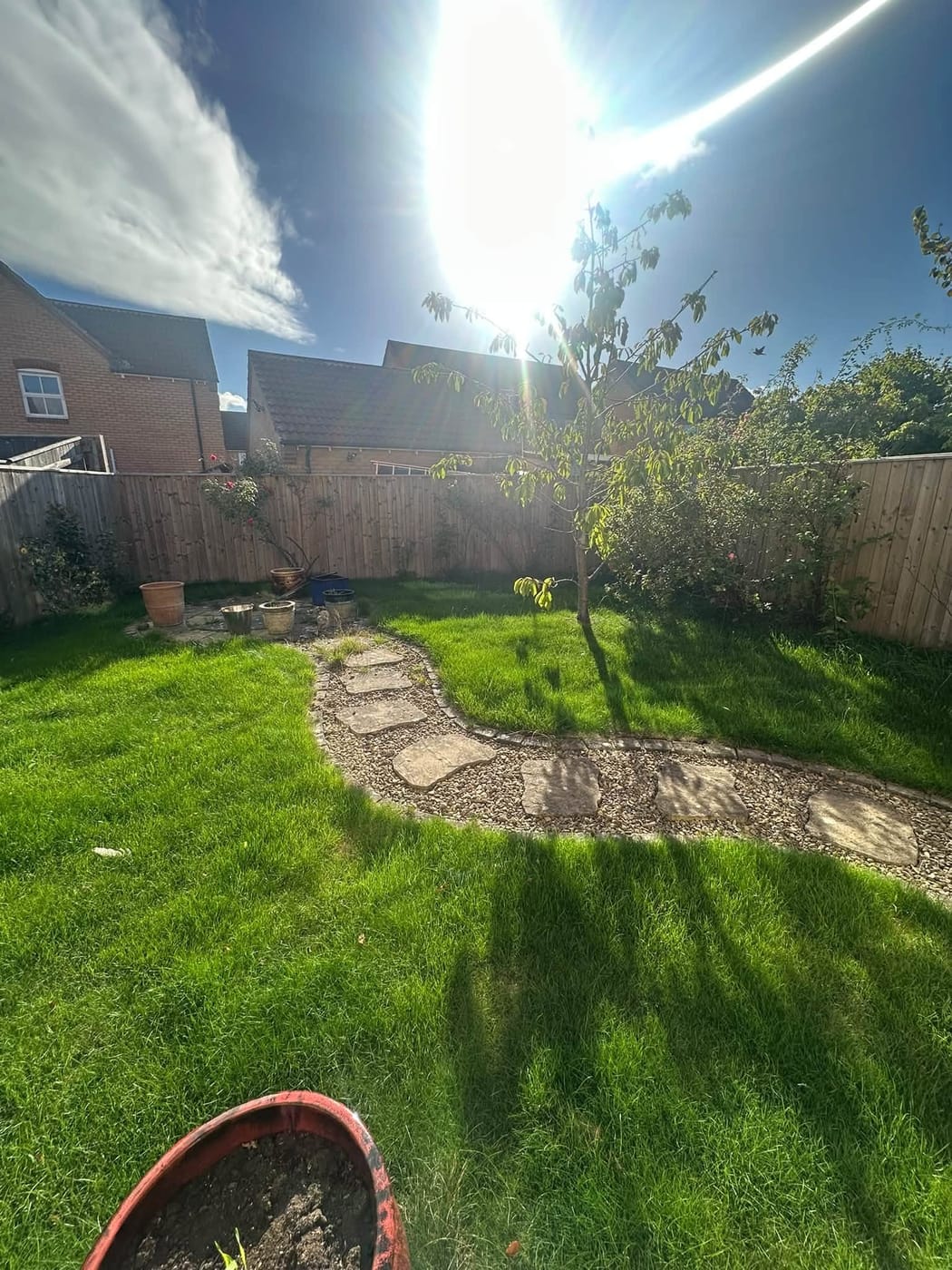 A sunny back garden in Ingleby Barwick with a cut lawn, a curved stepping-stone path and cleared borders